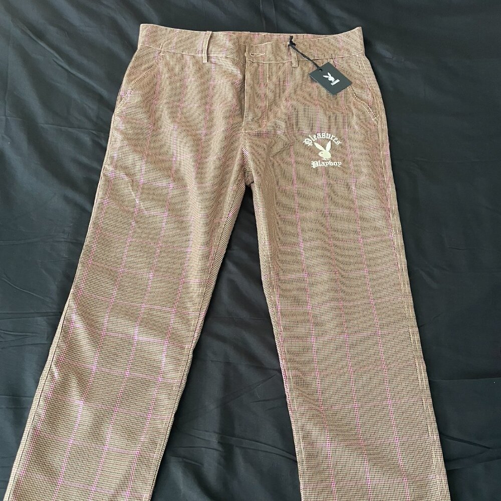 NWT Size 34 Pleasures Playboy Clash Men's Brown and Pink Plaid Trousers